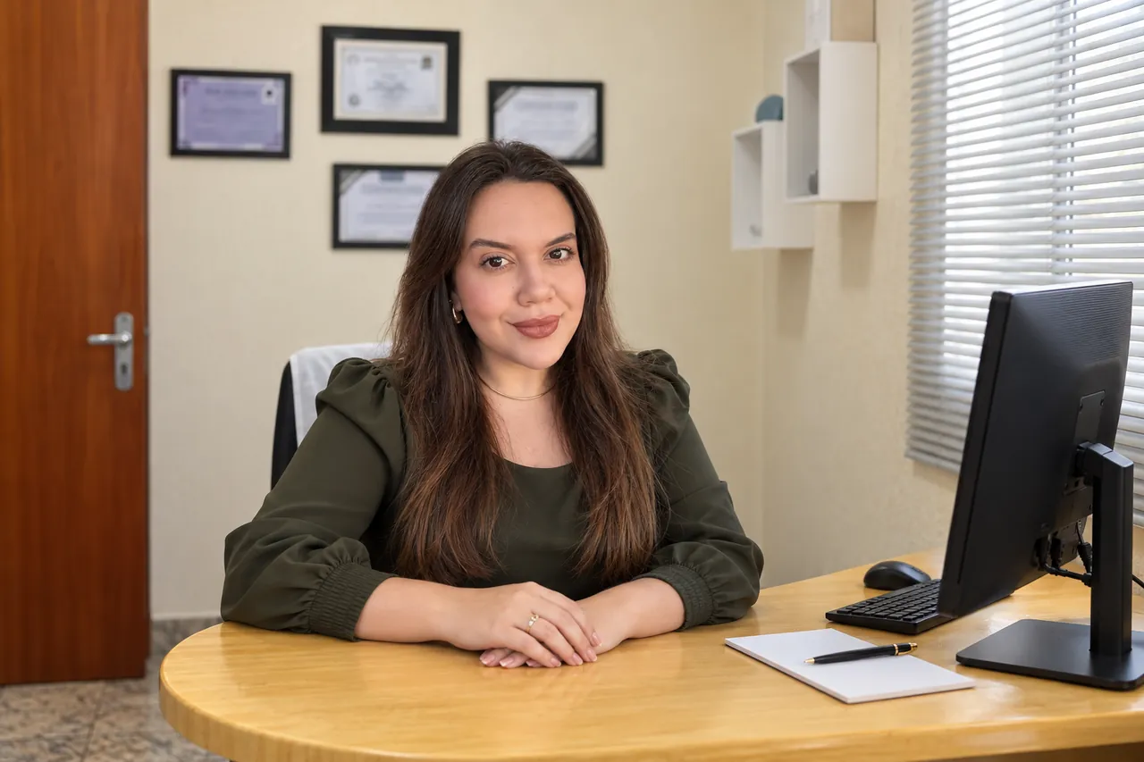 Giovana Souza à mesa em composição profissional com IA baseada na sala real de atendimento